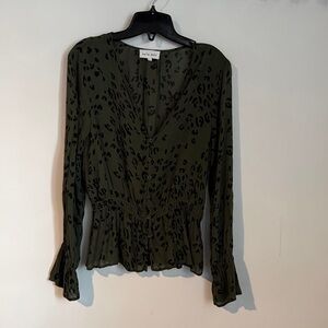 Bella Dahl Olive Green & Black Leopard Print Button-Front Peplum Blouse